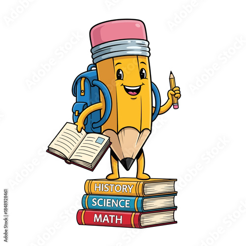 cartoon pencil character with backpack and books on top of them