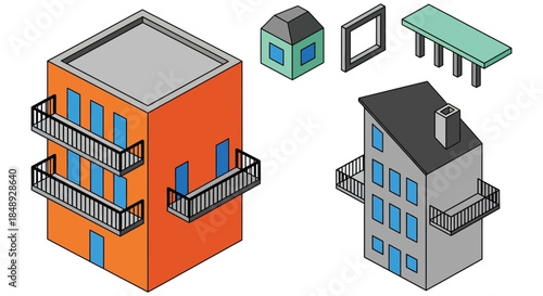 Colorful 3D Buildings and Architectural Elements Illustration