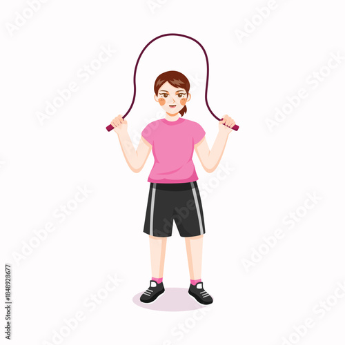 A cheerful flat illustration of a young girl skipping rope, symbolizing active play, exercise, and healthy daily activities.
