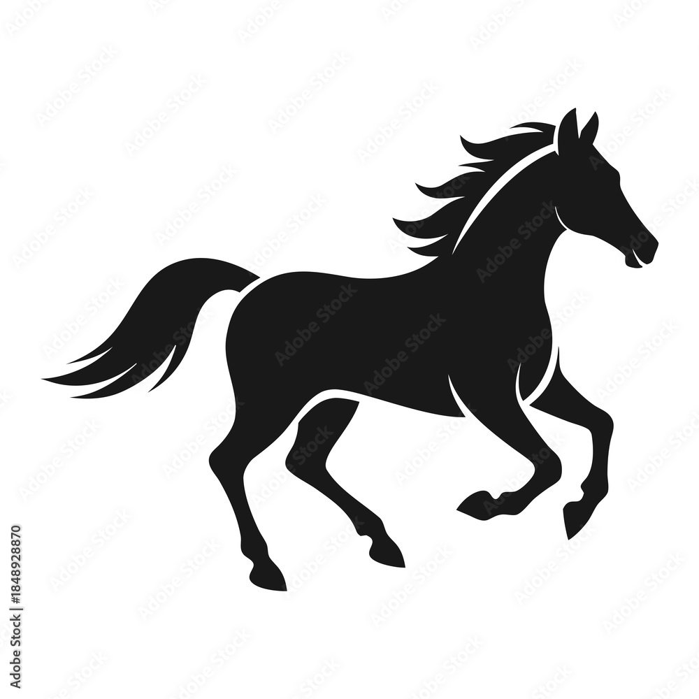 Obraz premium A black silhouette vector illustration of a wild stallion animal running in a gallop, featuring a detailed mane and tail isolated on a white background for equestrian and farm art