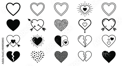 Various Heart Symbols and Icons in Black and White Illustrations