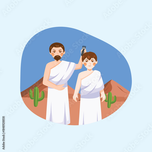 A flat illustration representing one of the sacred rituals in Hajj pilgrimage, showing pilgrims in ihram performing religious activities in a desert setting.
