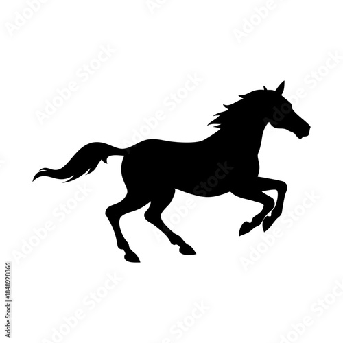 A wild black stallion silhouette captures an equine mammal in a fast gallop, showcasing a powerful mustang race across nature with a flowing mane and tail in this artistic vector illustration