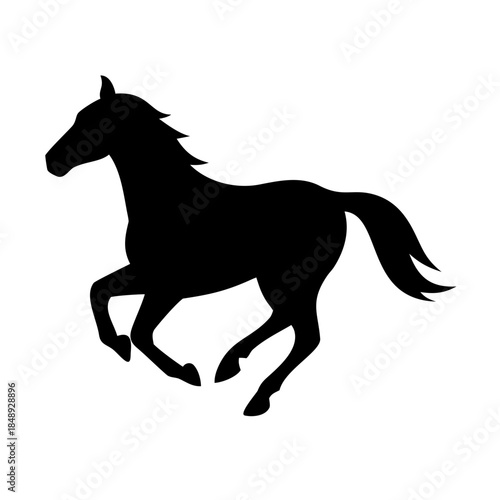 A running black stallion silhouette vector illustration depicts a wild mustang equine in full gallop isolated on white for equestrian and farm nature art