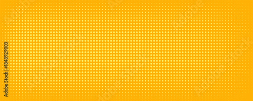Yellow halftone pattern. Retro comic gradient background. Bright orange pixelated dotted texture overlay. Cartoon pop art faded gradient pattern. Vector backdrop for poster, banner, advertisement
