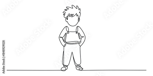 One line drawing of a boy wearing overalls standing with hands on hips