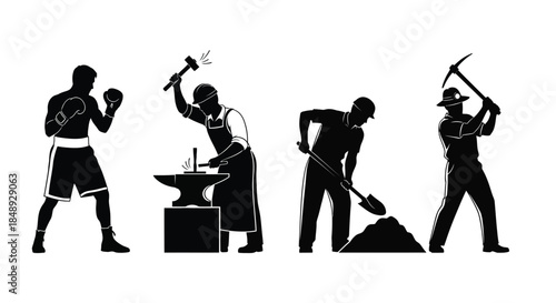 Black Silhouettes of Workers and Boxer in Various Occupations and Sports