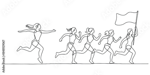 One line drawing of a group of women running and holding a flag