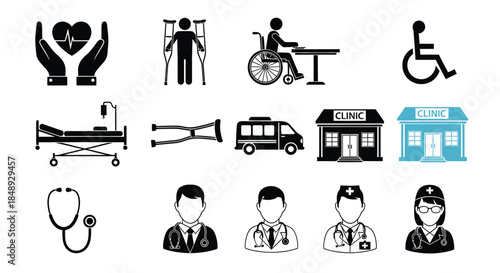 Medical icons represent healthcare services, equipment, and personnel.