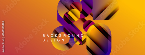 Abstract geometric shapes overlap, creating vibrant orange, purple gradients. Text reads background design centrally positioned. Modern, dynamic visual.