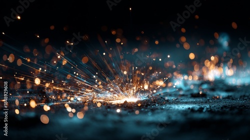 Dramatic shot capturing intense sparks erupting from a point of impact on a textured surface, bathed in cool and warm tones