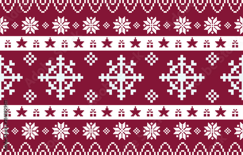 Christmas and New Year green and white seamless pattern, fairytale pixel pattern in white and green with Nordic snowflakes for winter hats, ugly sweaters, jumpers. wallpaper, paper or other design