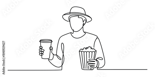 Man in hat with popcorn and drink, continuous line art
