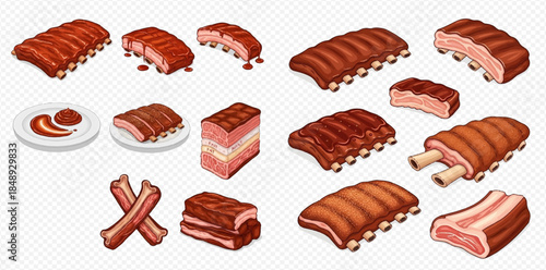 Set of delicious barbecue ribs, bacon, and meat pieces with sauce in various styles.