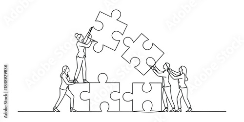 Business teamwork building puzzle concept line art