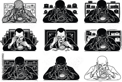 Watchmaker examining pocket watch, black and white vector illustration, magnifying glass, timepiece repair, horology tools, artistic style variations, focused craftsmanship