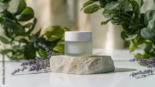 Fresh and healing, light translucent frosted skincare jar, placed on natural stone with lavender and green plant decorations, suitable for e-commerce skincare detail pages, social media beauty grass-p