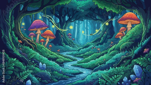 Vibrant Mushrooms Growing on Mossy Forest Floor at Night