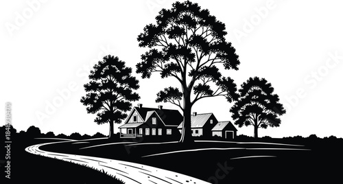Vintage black and white vector illustration depicting a peaceful rural farmhouse nestled among large mature trees, a winding country road leading home, tranquility, and nature landscape graphic.