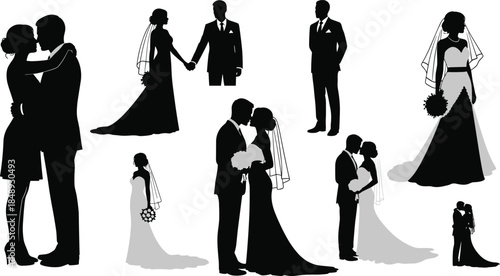 Wedding couple silhouettes set, a vector illustration collection of bride and groom figures, romantic marriage icons for design, isolated kissing and holding hands.