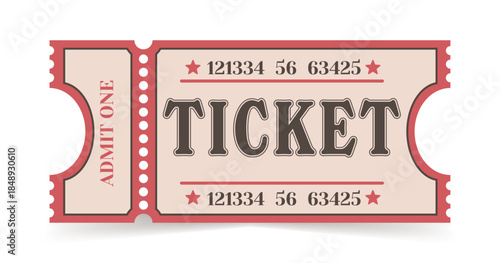 Vintage red Admit One ticket template. Retro movie, circus, and carnival ticket mockup design, classic event pass vector illustration for posters, invitations, festival branding, and nostalgic mockups