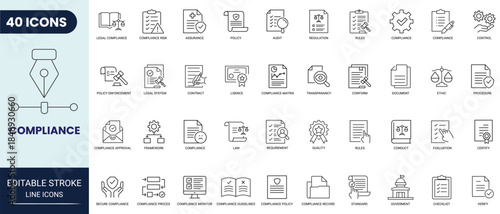 Compliance line icon set. Includes compliance, regulatory, governance, corporate, transparency, regulations and more. Editable stroke. Vector illustration.