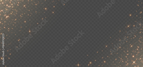 Gold glitter light frame. Magic dust background. Star particle bg. Christmas Holiday golden confetti. Fairy bulb. Glow shine bokeh. Winter Celebration banner. Luxury party. Vector illustration