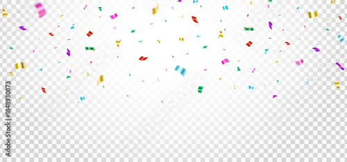 Confetti color falling. Bright colorful tinsel. Party backdrop. Holiday background. Christmas ornaments. Festive firework. Carnival celebration. Birthday serpentine decor. Vector illustration