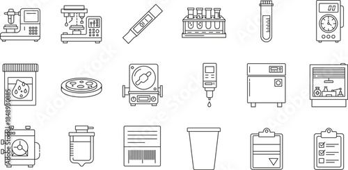 Laboratory Equipment Line Icon Set: Medical Research, Science Experiment, and Diagnostic Testing Vector Symbols for Healthcare, Chemistry, and Microbiology Design