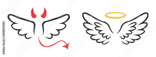 Angel and devil wings with horns and halo isolated white background