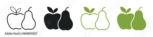 Apple and pear silhouette in black and green outline and solid fruit