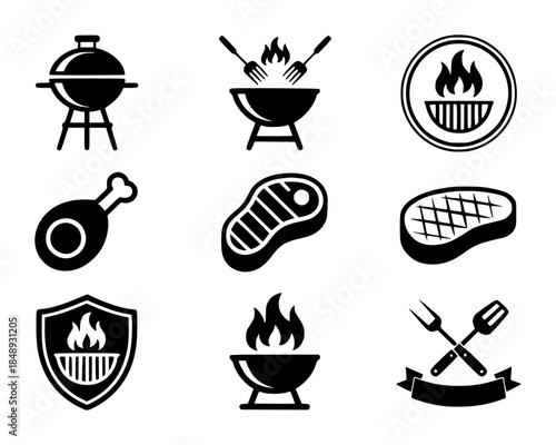 Barbecue and grilling set with steak fork and flame isolated