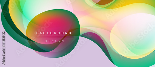 Abstract flowing shapes, vibrant colors blend. Modern design, smooth gradients create dynamic visual effect. Background features text elements.