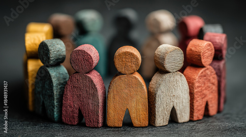 Colorful wooden figurines standing in a circle representing diversity equality and teamwork