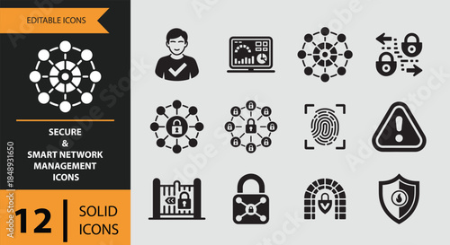 Secure and smart network management solid icons set for digital security and data protection