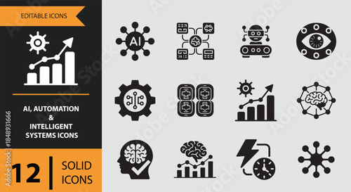 A solid icon set representing artificial intelligence, automation, and smart technology advancements