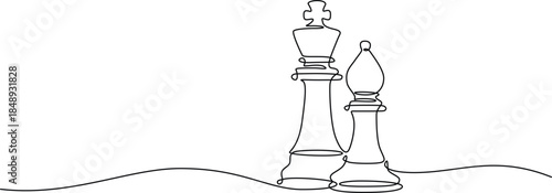 Continuous one line drawing of a chess king and bishop, symbolizing strategy, intellect, and partnership in a minimalist graphic style