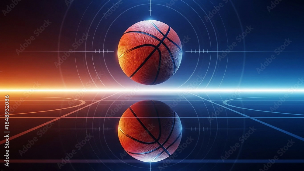 Obraz premium Orange basketball suspended in glowing blue and orange digital court reflection sport game