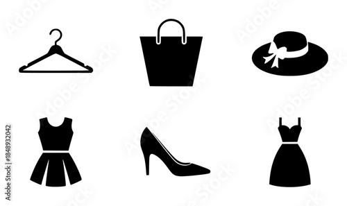 Black fashion set including hanger bag hat dresses and shoes isolated symbol shopping