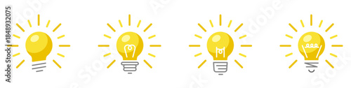 光っているランプのアイコンセット。発見やアイディアを表す電球のデザイン。Glowing lamp icon.