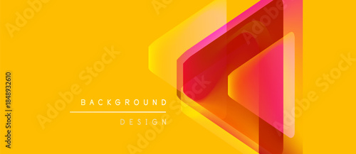 Bright yellow backdrop features layered geometric shapes. Red, orange hues create dynamic visual effect. Modern design element.