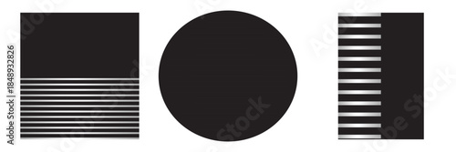 Isolated geometric shapes: square, circle, rectangle. The color is black and white with small stripes. Striped geometric shapes in half. Vector graphics.