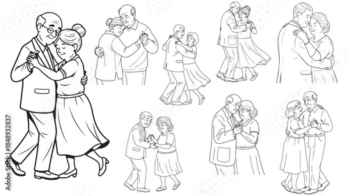 Vector set of simple black and white line art illustrations of an elderly couple dancing slowly together, minimalist sketch of senior grandparents in romantic poses for retirement and valentine 