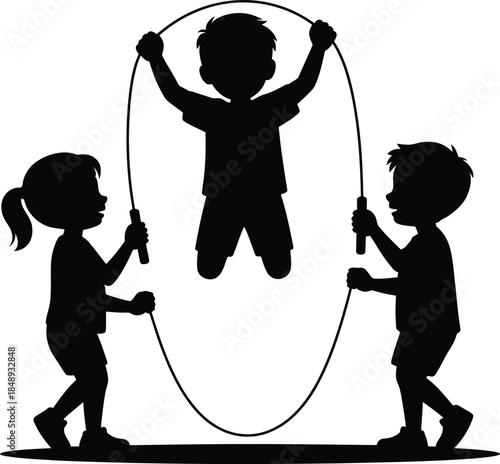 Silhouette illustration of children playing a fun group skipping rope game