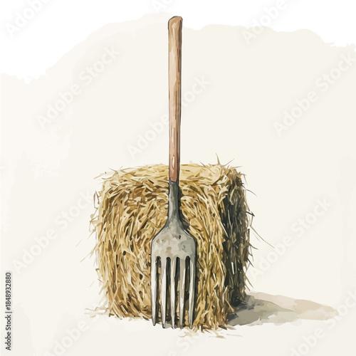 Attractive Minimalist illustration, A clipart flat 2D icon, simple illustration with EPS format design_Watercolor_style_painting_of_a_wooden_hay_bale_fork_on_white