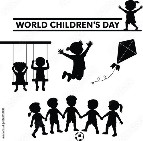 World children's day illustration showing silhouettes of kids playing and celebrating
