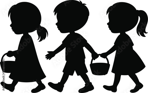Three children walking together carrying baskets, simple silhouette illustration