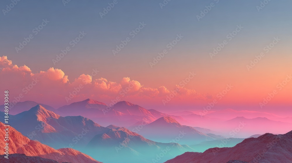 Fototapeta premium Majestic mountain range rendered in vibrant pinks and purples, under a gradient sky