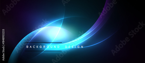 Abstract blue light curves radiate from bright center. Dark background enhances glowing effect, modern design element.