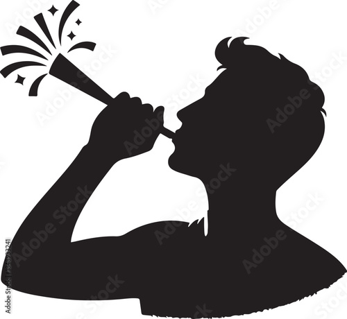 Silhouette of a person joyfully blowing a party horn, with festive bursts and stars emanating, perfect for celebrations.